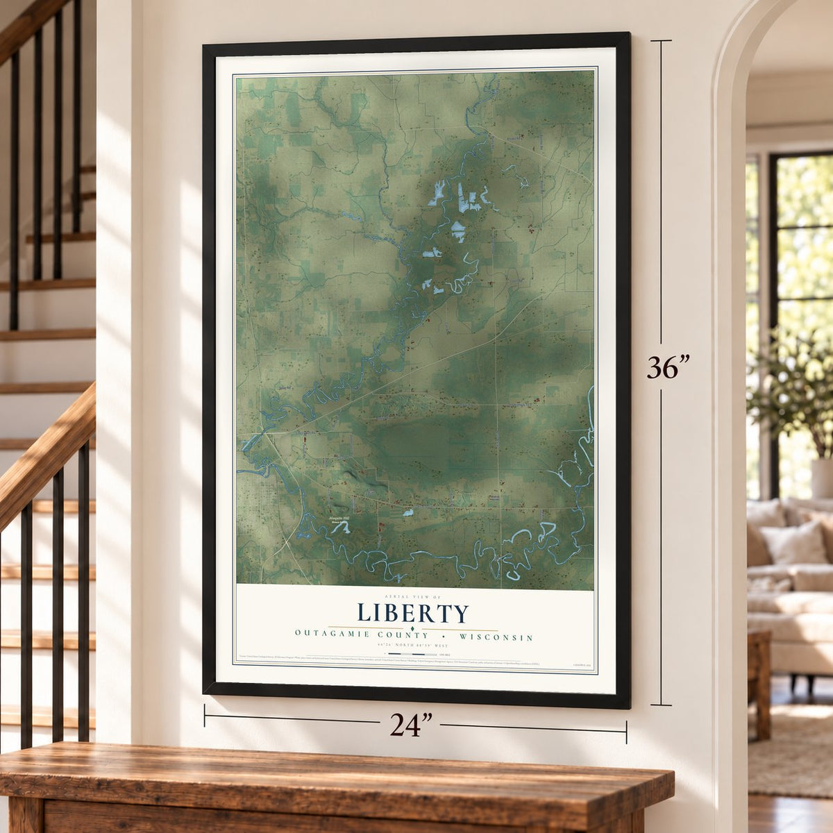 Liberty, Outagamie County, Wisconsin map, 24 x 36 inch print in a black frame by a staircase