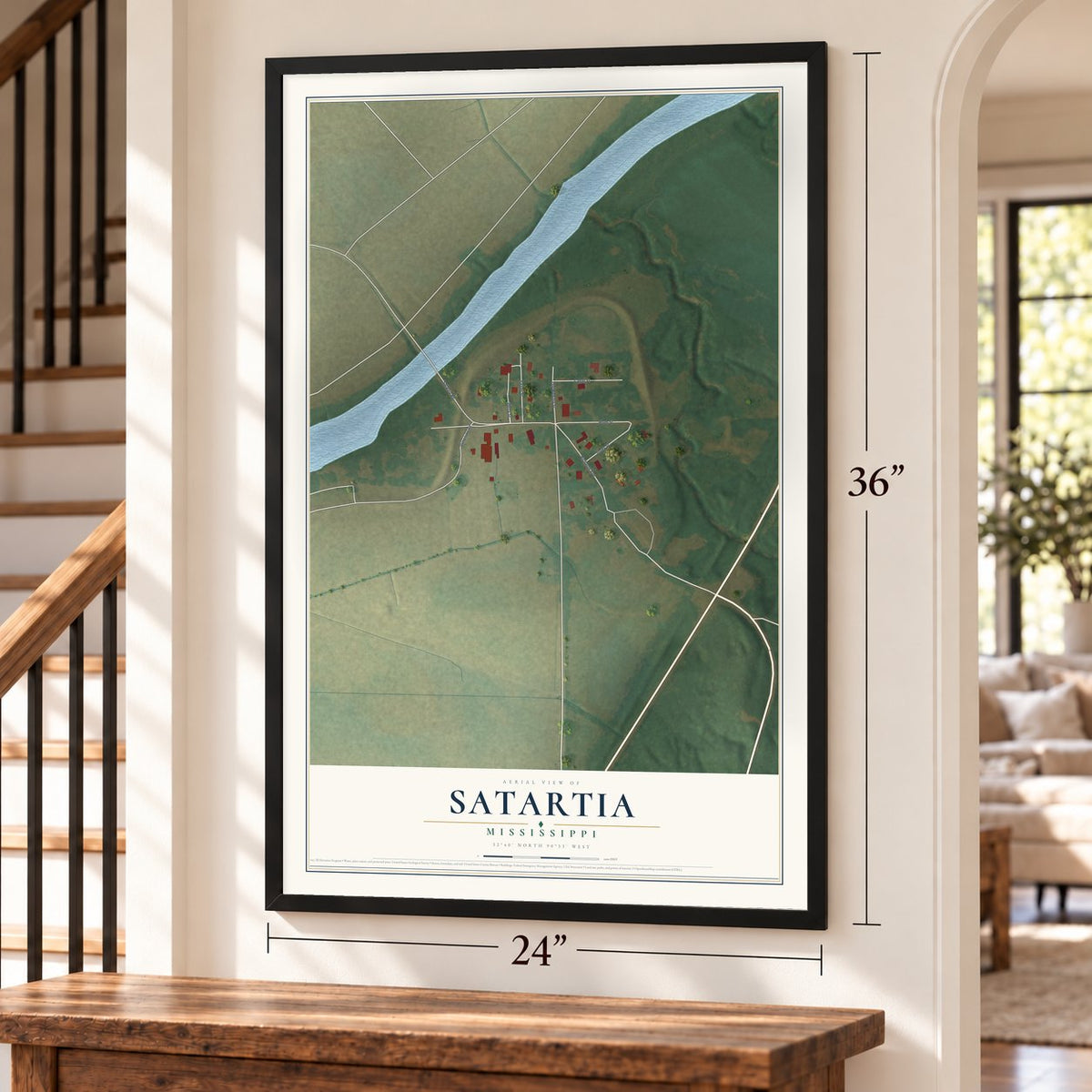 Satartia, Mississippi map, 24 x 36 inch print in a black frame by a staircase
