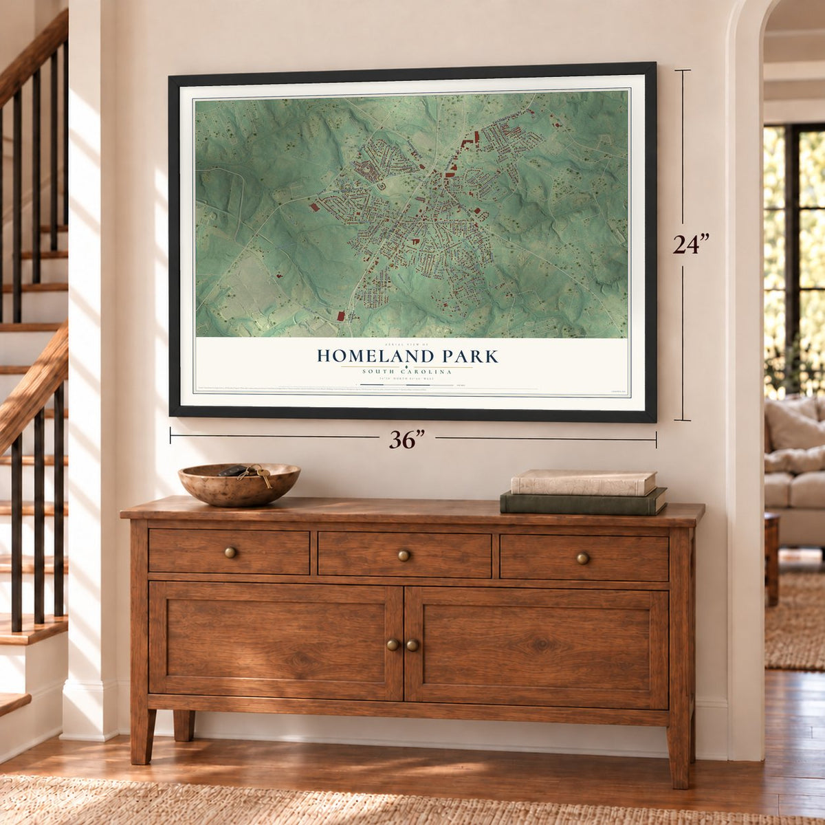 Homeland Park, South Carolina map, 24 x 36 inch print in a black frame above a dresser by a staircase
