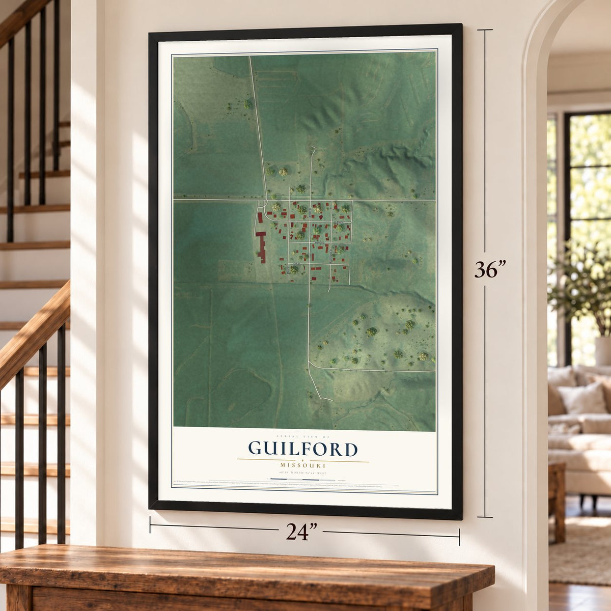 Guilford, Missouri map, 24 x 36 inch print in a black frame by a staircase