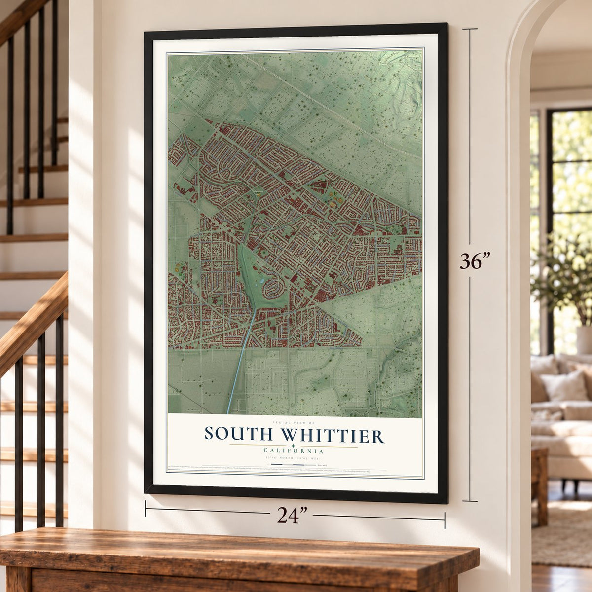 South Whittier, California map, 24 x 36 inch print in a black frame by a staircase