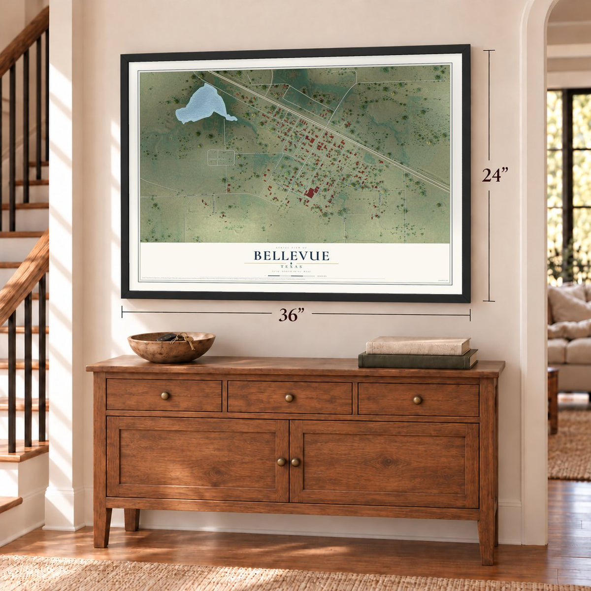 Bellevue, Texas map, 24 x 36 inch print in a black frame above a dresser by a staircase