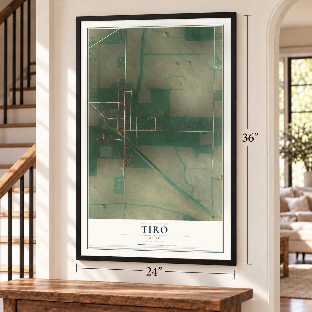 Tiro, Ohio map, 24 x 36 inch print in a black frame by a staircase