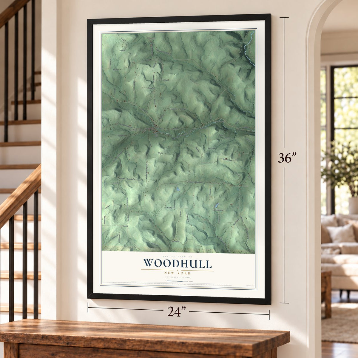 Woodhull, New York map, 24 x 36 inch print in a black frame by a staircase