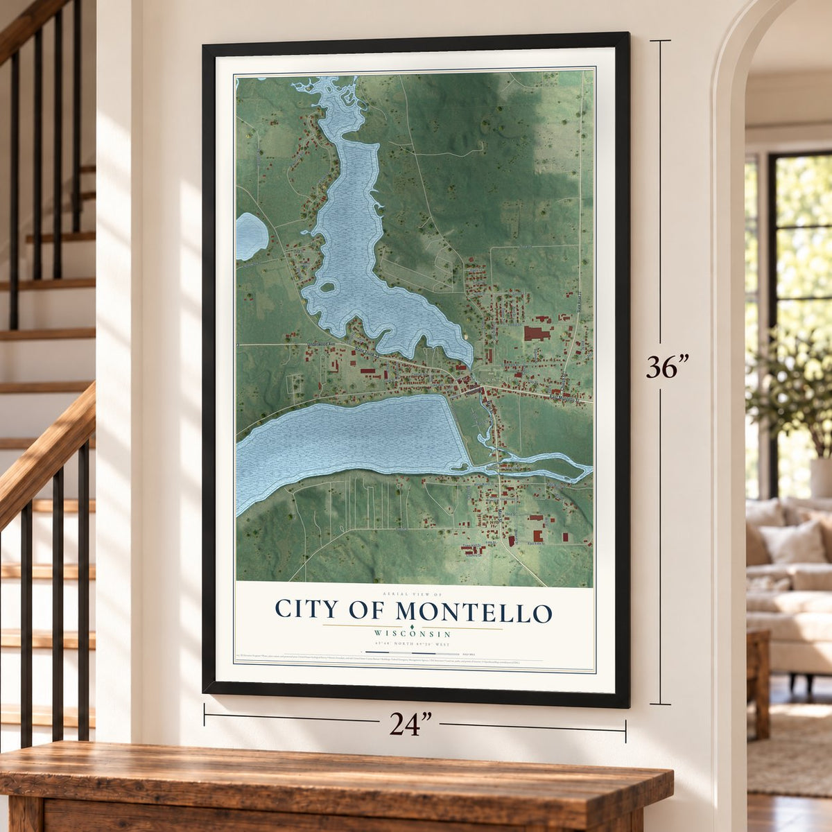 Montello, Wisconsin map, 24 x 36 inch print in a black frame by a staircase