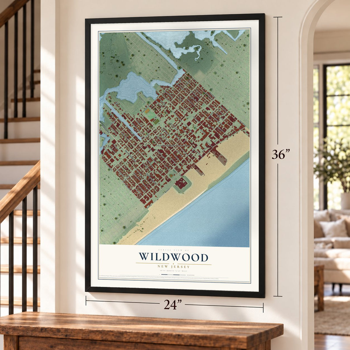 Wildwood, New Jersey map, 24 x 36 inch print in a black frame by a staircase
