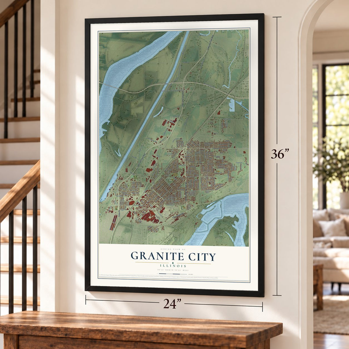 Granite City, Illinois map, 24 x 36 inch print in a black frame by a staircase