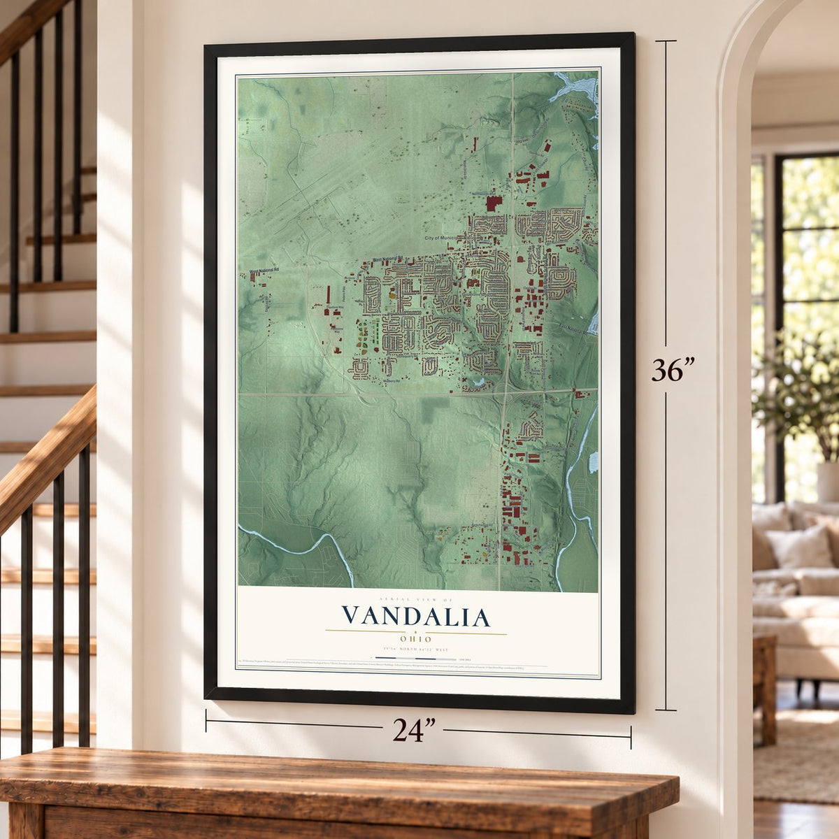 Vandalia, Ohio map, 24 x 36 inch print in a black frame by a staircase