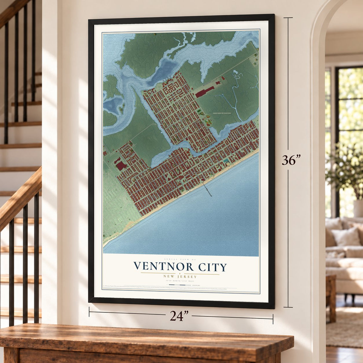 Ventnor City, New Jersey map, 24 x 36 inch print in a black frame by a staircase