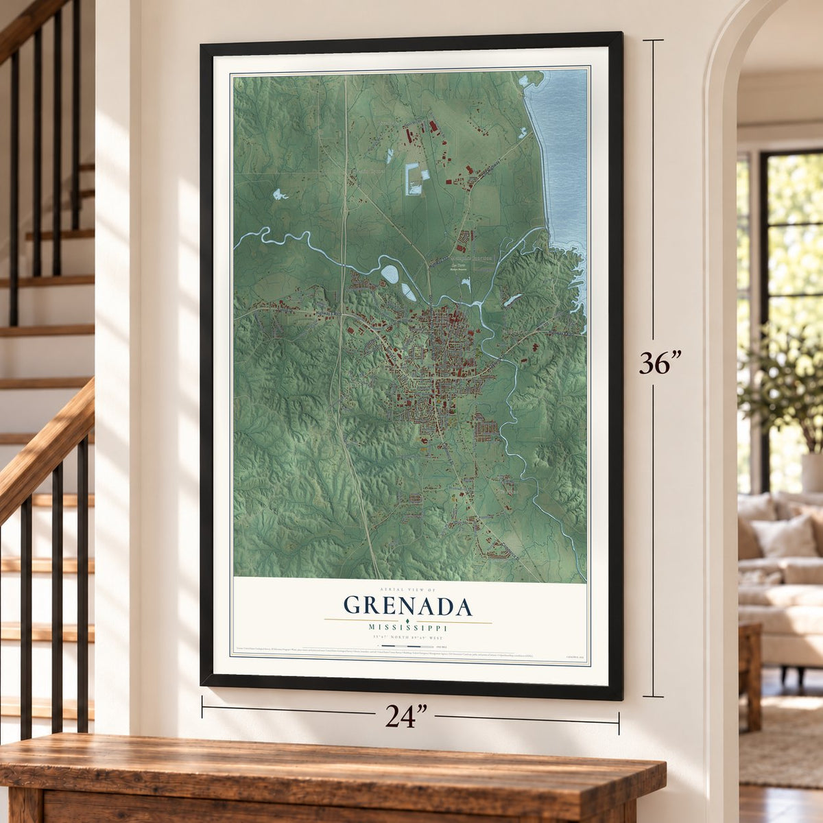 Grenada, Mississippi map, 24 x 36 inch print in a black frame by a staircase
