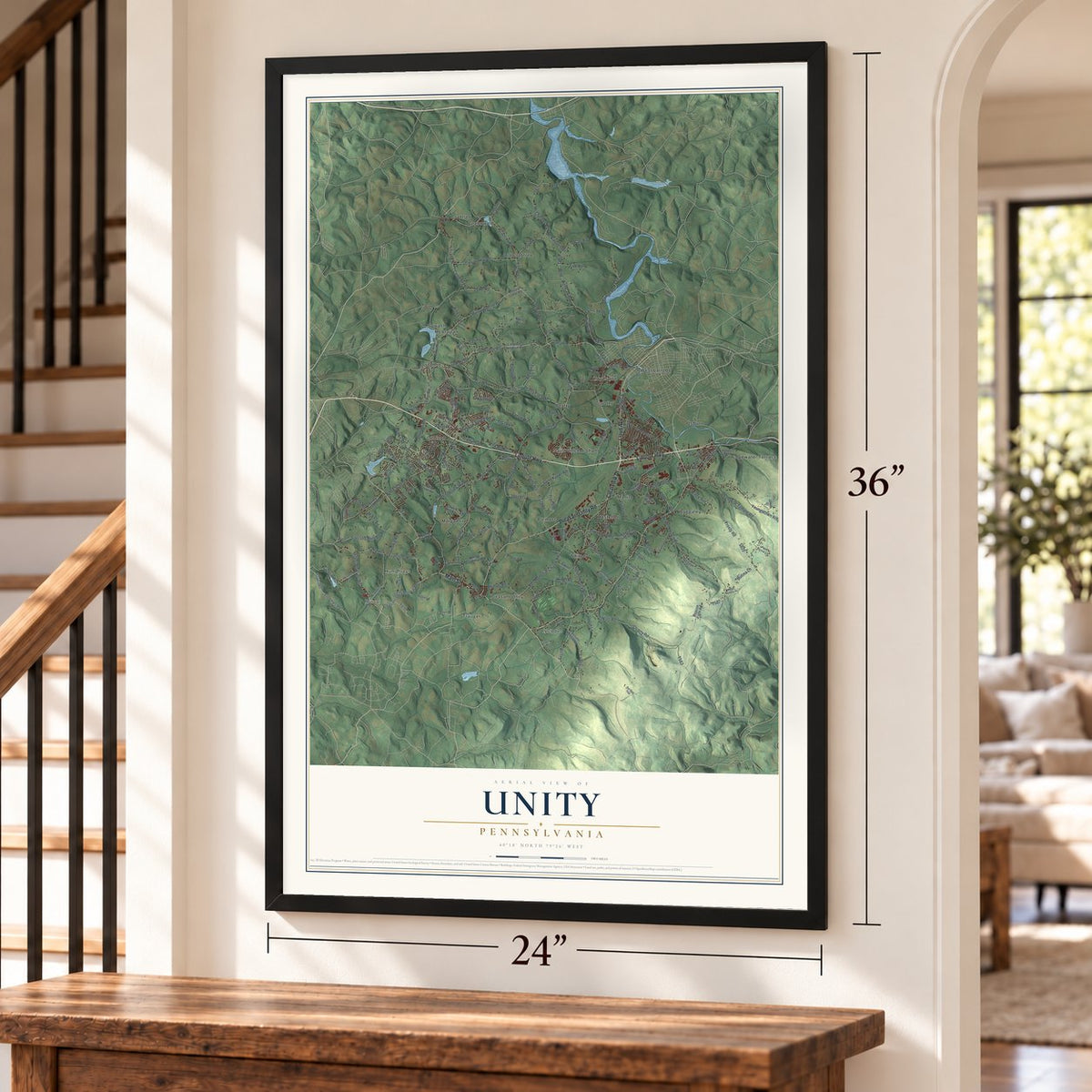 Unity, Pennsylvania map, 24 x 36 inch print in a black frame by a staircase