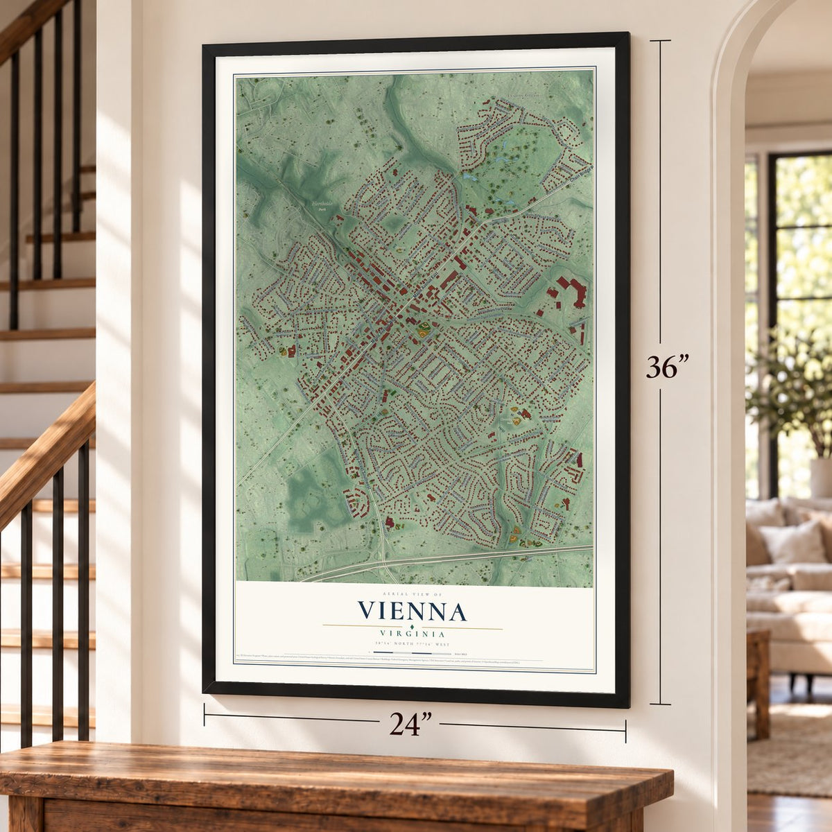Vienna, Virginia map, 24 x 36 inch print in a black frame by a staircase