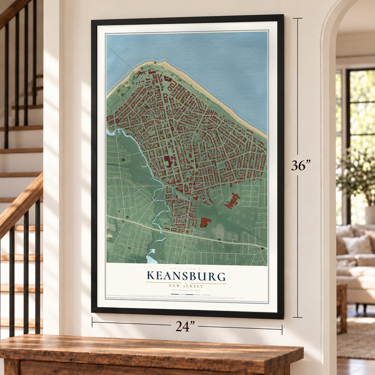 Keansburg, New Jersey map, 24 x 36 inch print in a black frame by a staircase