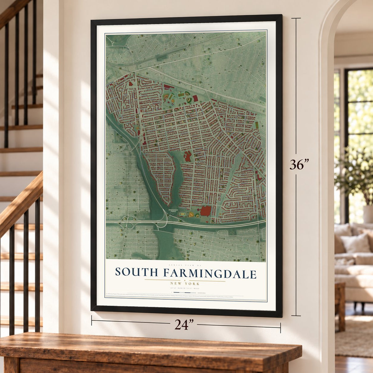 South Farmingdale, New York map, 24 x 36 inch print in a black frame by a staircase