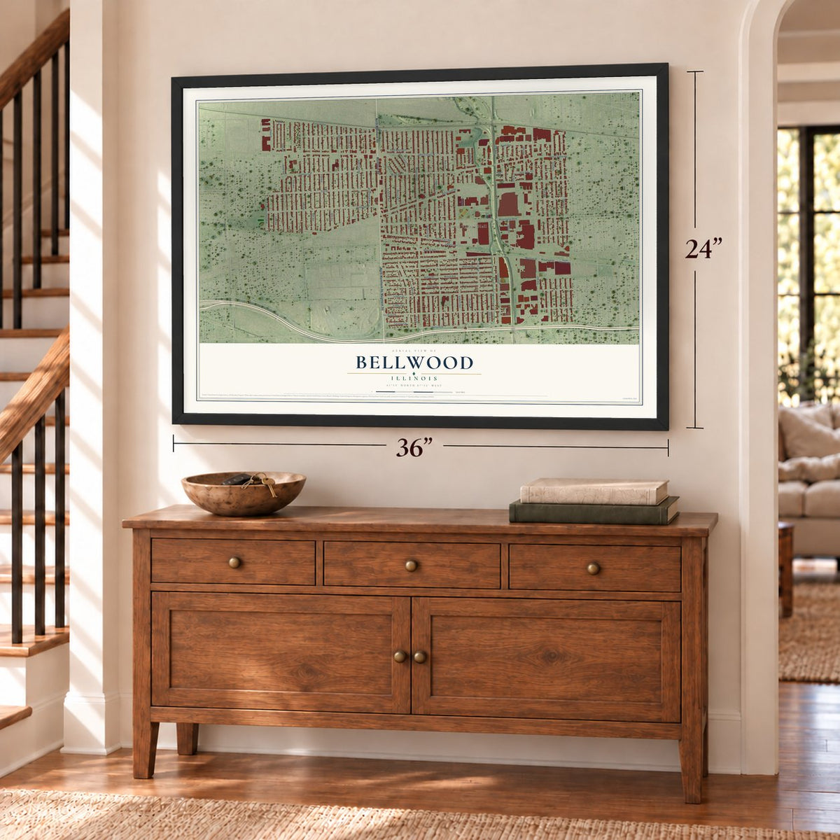 Bellwood, Illinois map, 24 x 36 inch print in a black frame above a dresser by a staircase
