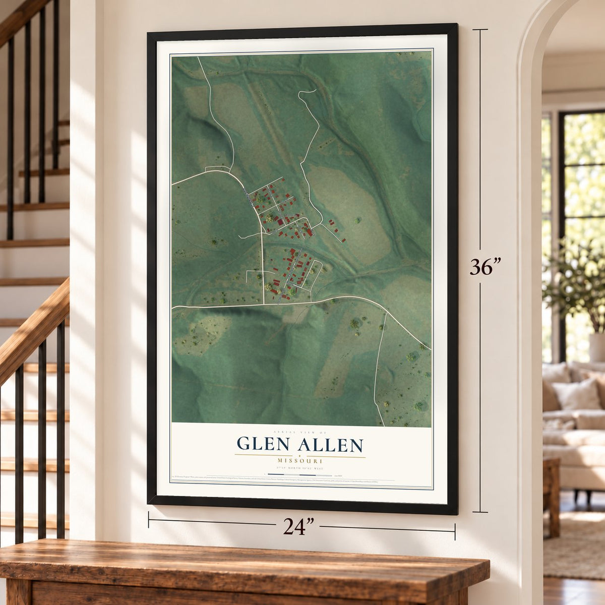 Glen Allen, Missouri map, 24 x 36 inch print in a black frame by a staircase