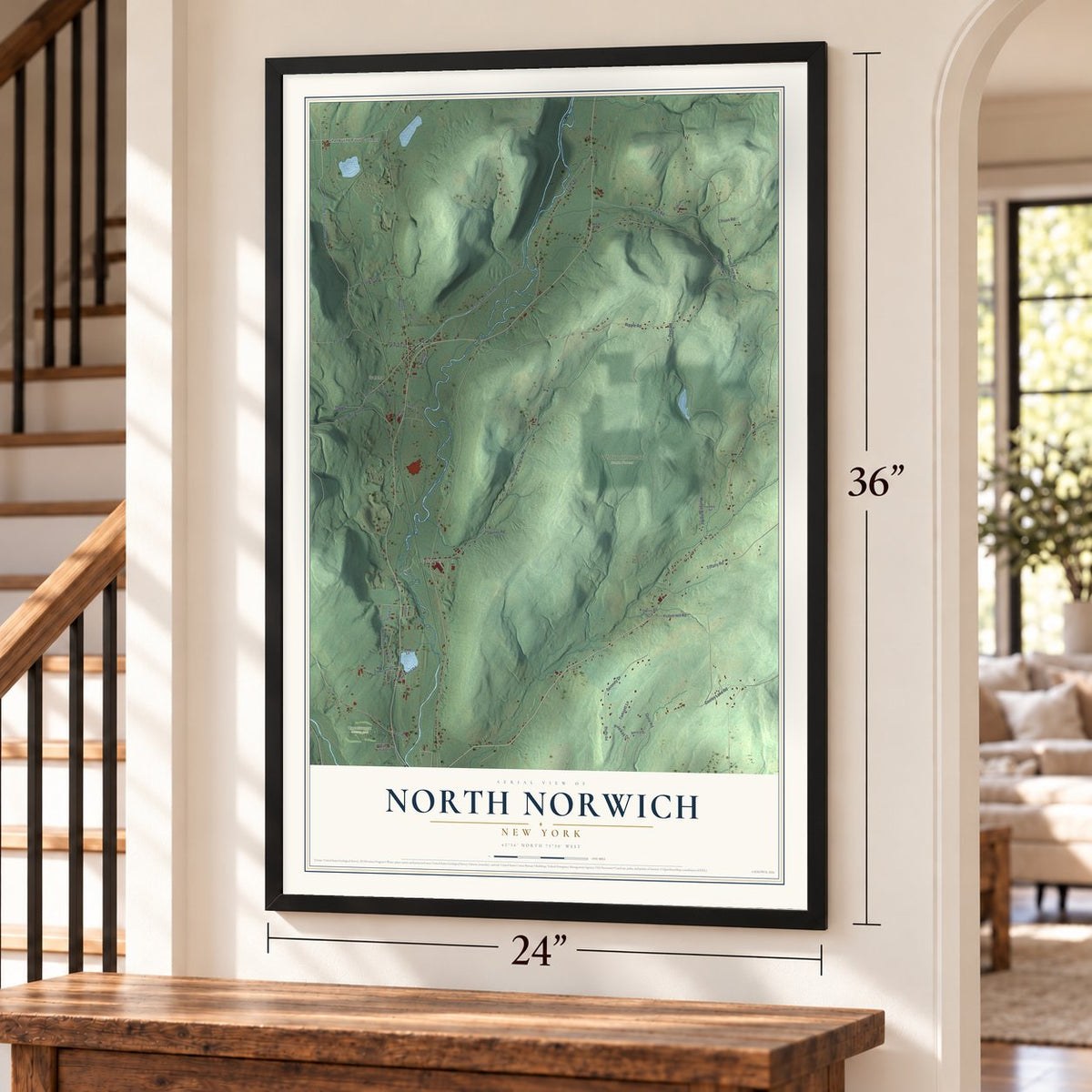 North Norwich, New York map, 24 x 36 inch print in a black frame by a staircase