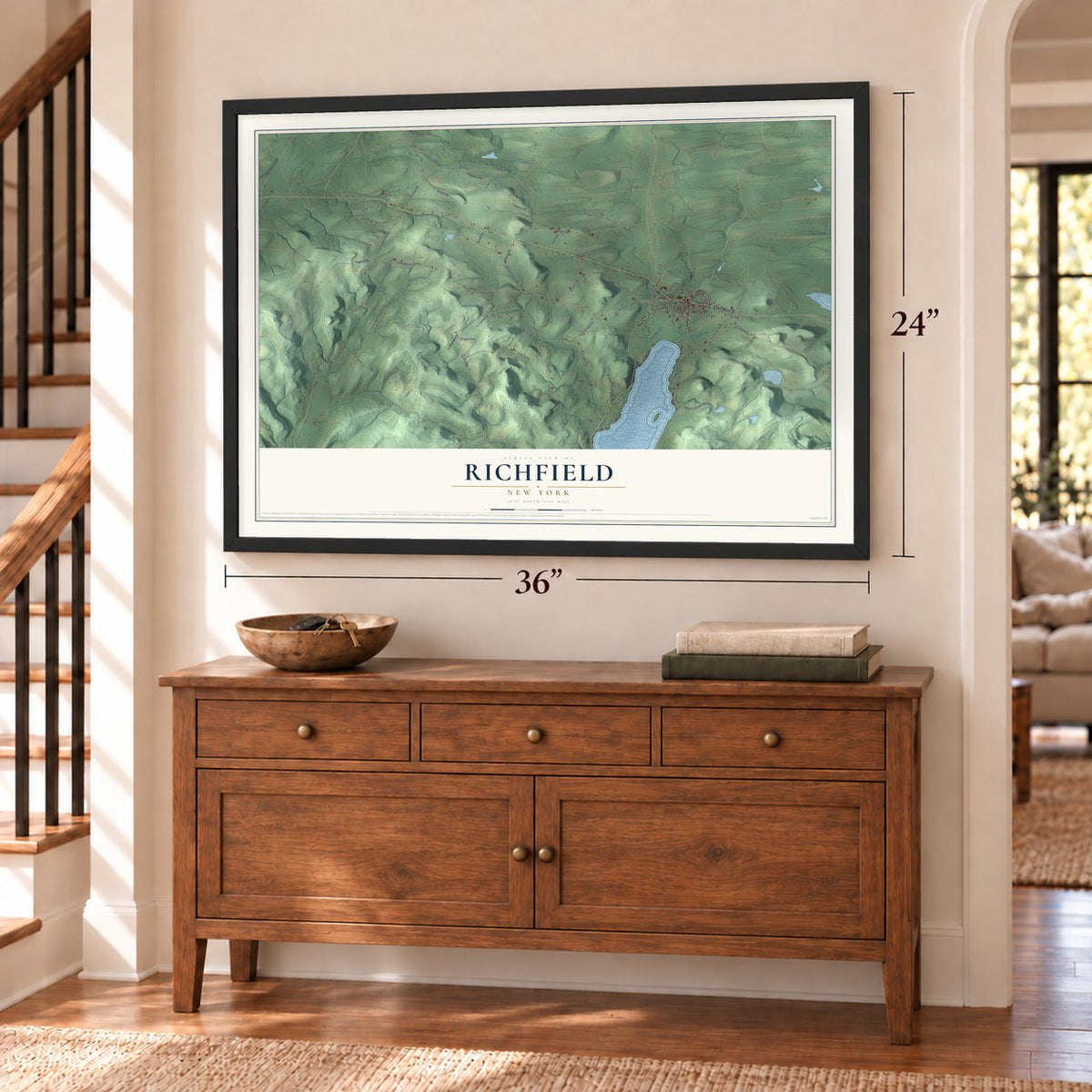 Richfield, New York map, 24 x 36 inch print in a black frame above a dresser by a staircase