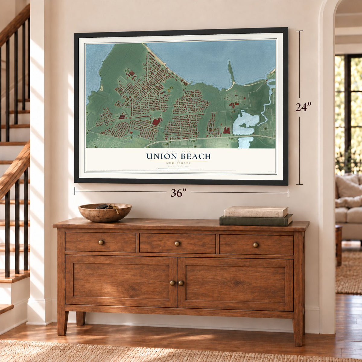 Union Beach, New Jersey map, 24 x 36 inch print in a black frame above a dresser by a staircase
