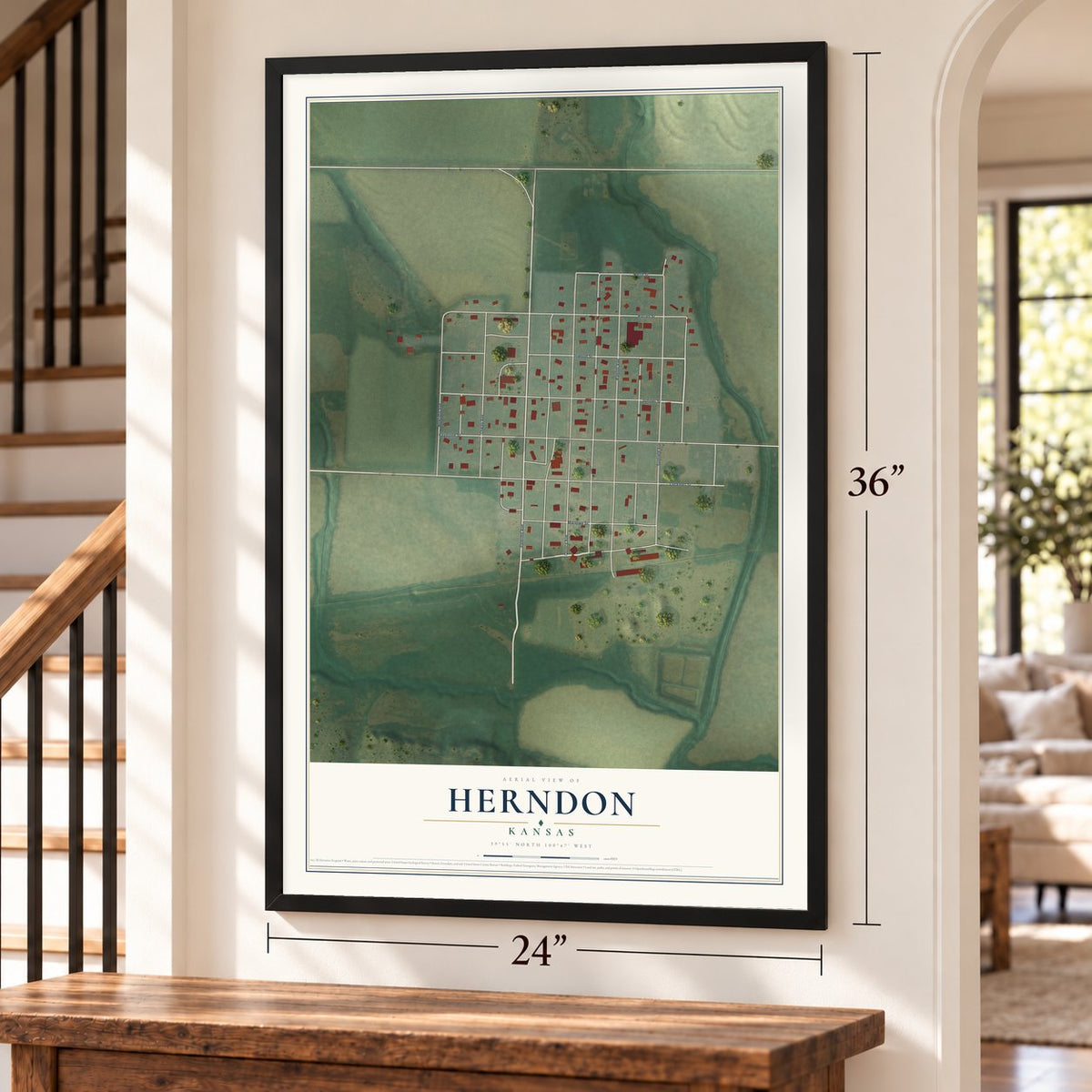 Herndon, Kansas map, 24 x 36 inch print in a black frame by a staircase