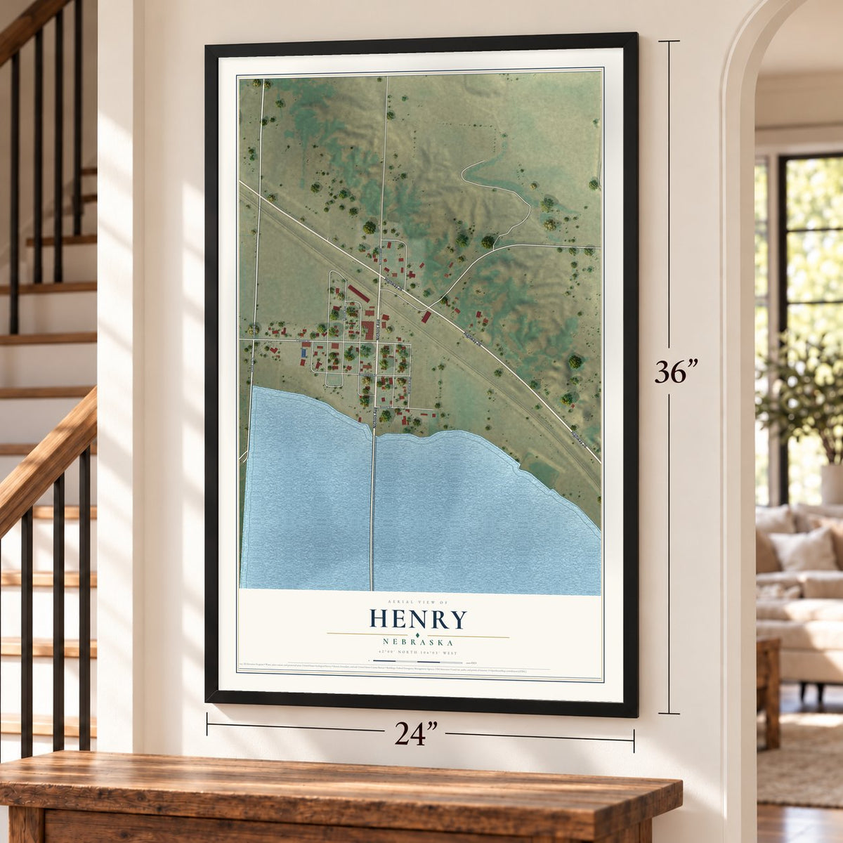 Henry, Nebraska map, 24 x 36 inch print in a black frame by a staircase
