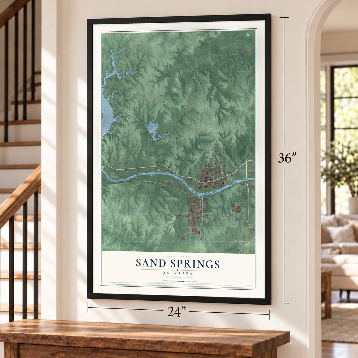 Sand Springs, Oklahoma map, 24 x 36 inch print in a black frame by a staircase