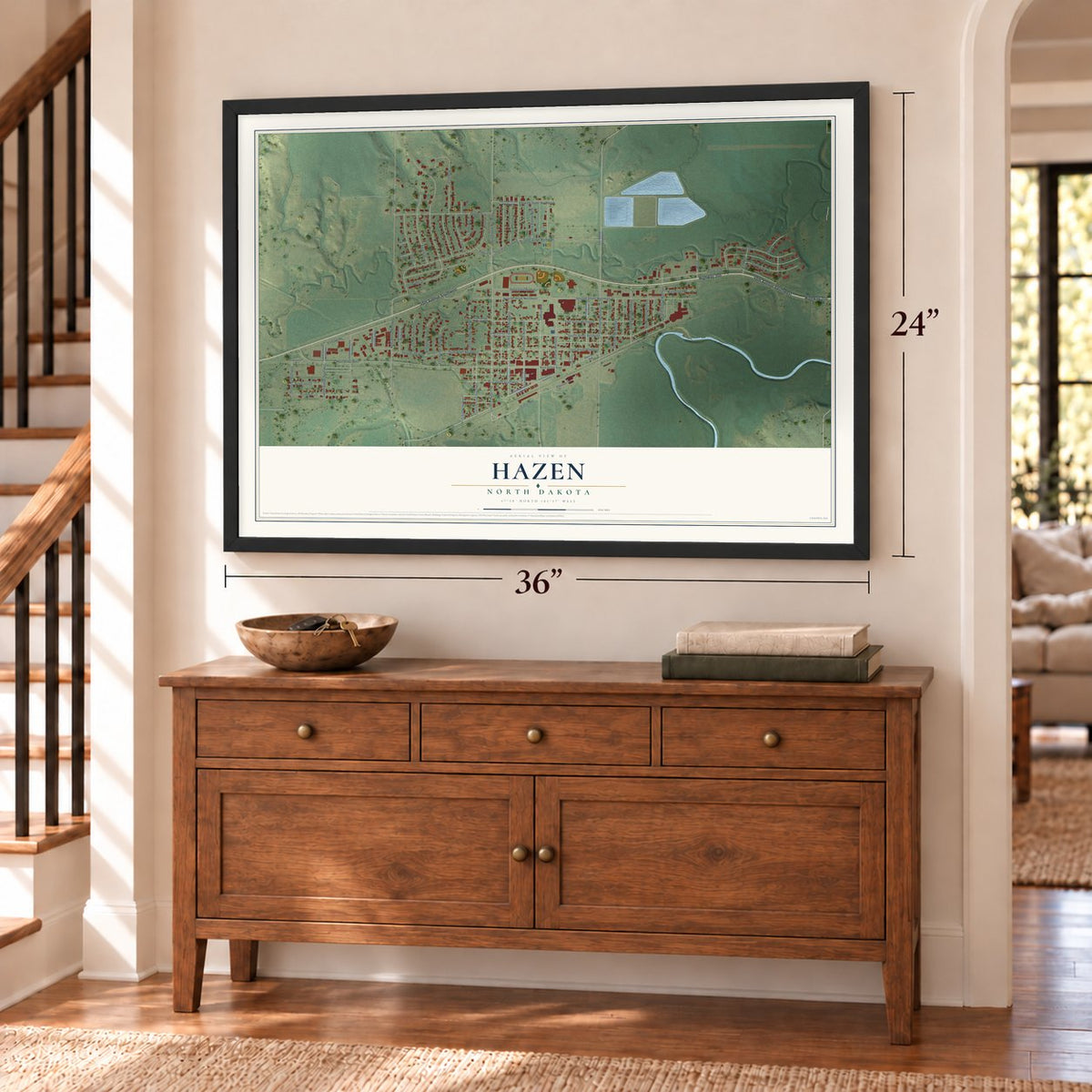 Hazen, North Dakota map, 24 x 36 inch print in a black frame above a dresser by a staircase