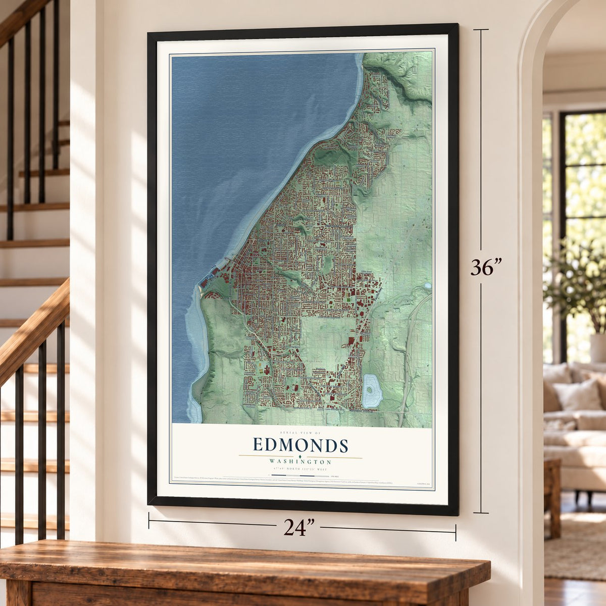 Edmonds, Washington map, 24 x 36 inch print in a black frame by a staircase