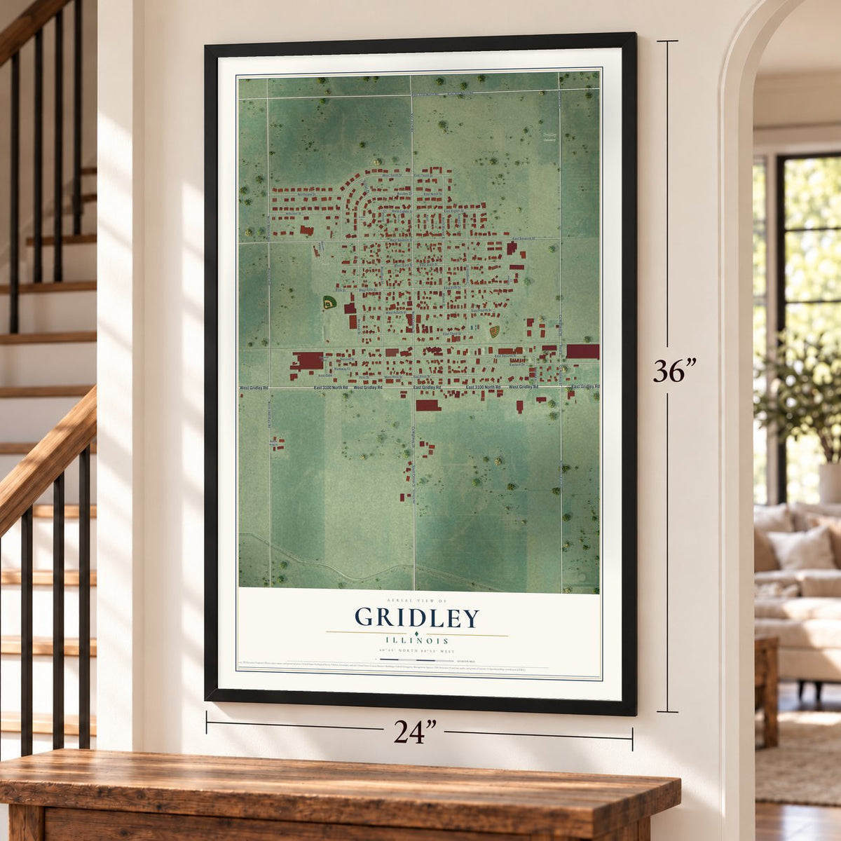 Gridley, Illinois map, 24 x 36 inch print in a black frame by a staircase