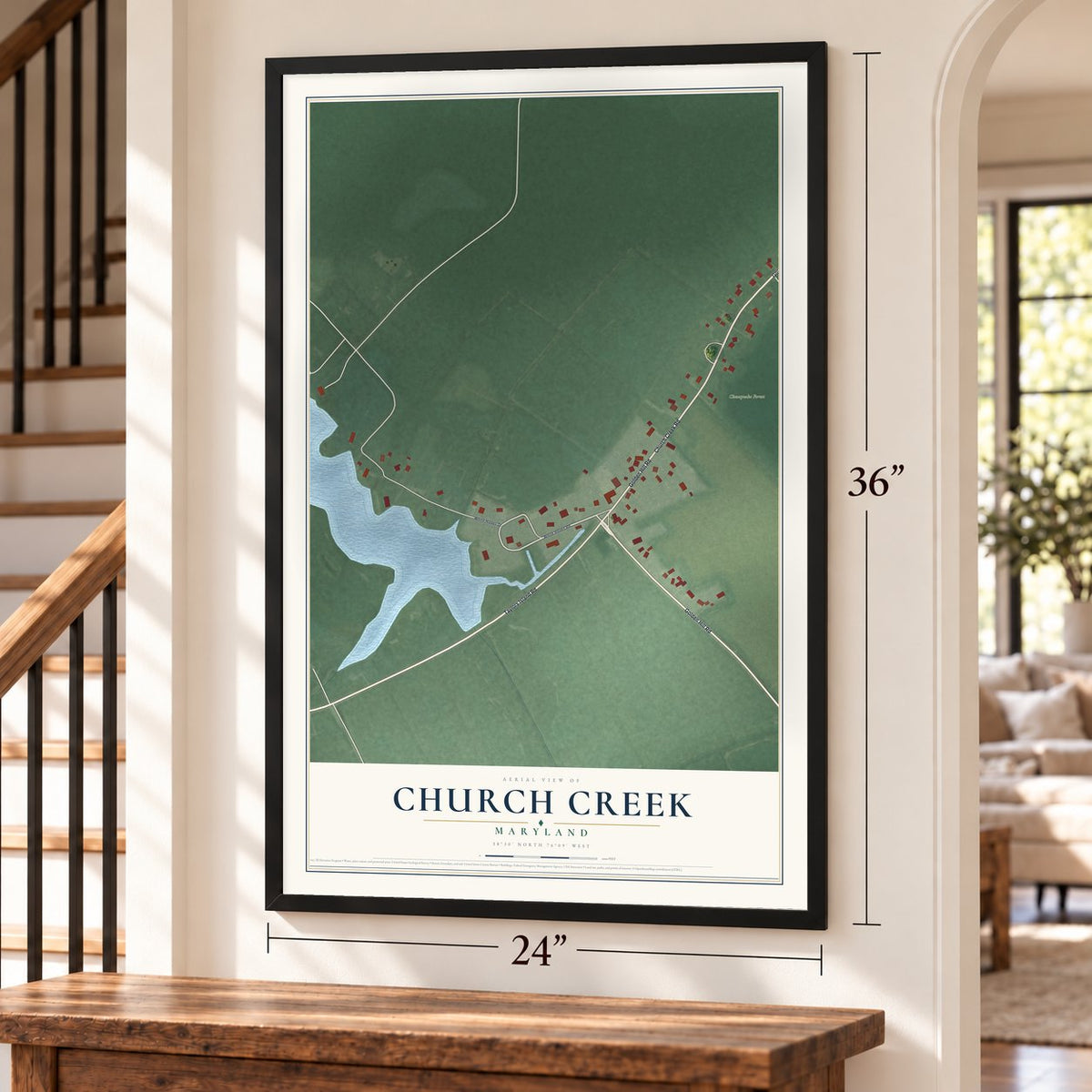 Church Creek, Maryland map, 24 x 36 inch print in a black frame by a staircase