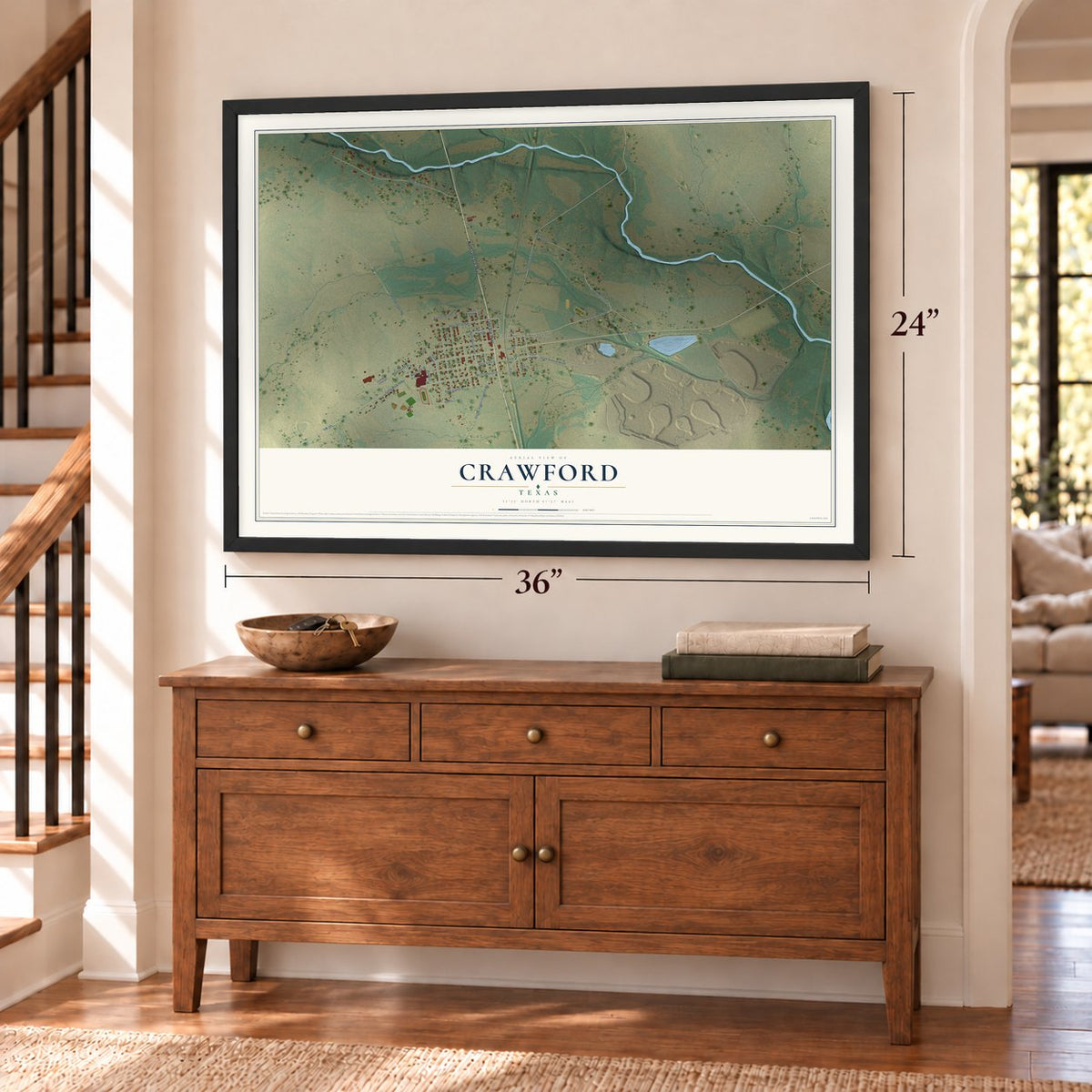 Crawford, Texas map, 24 x 36 inch print in a black frame above a dresser by a staircase