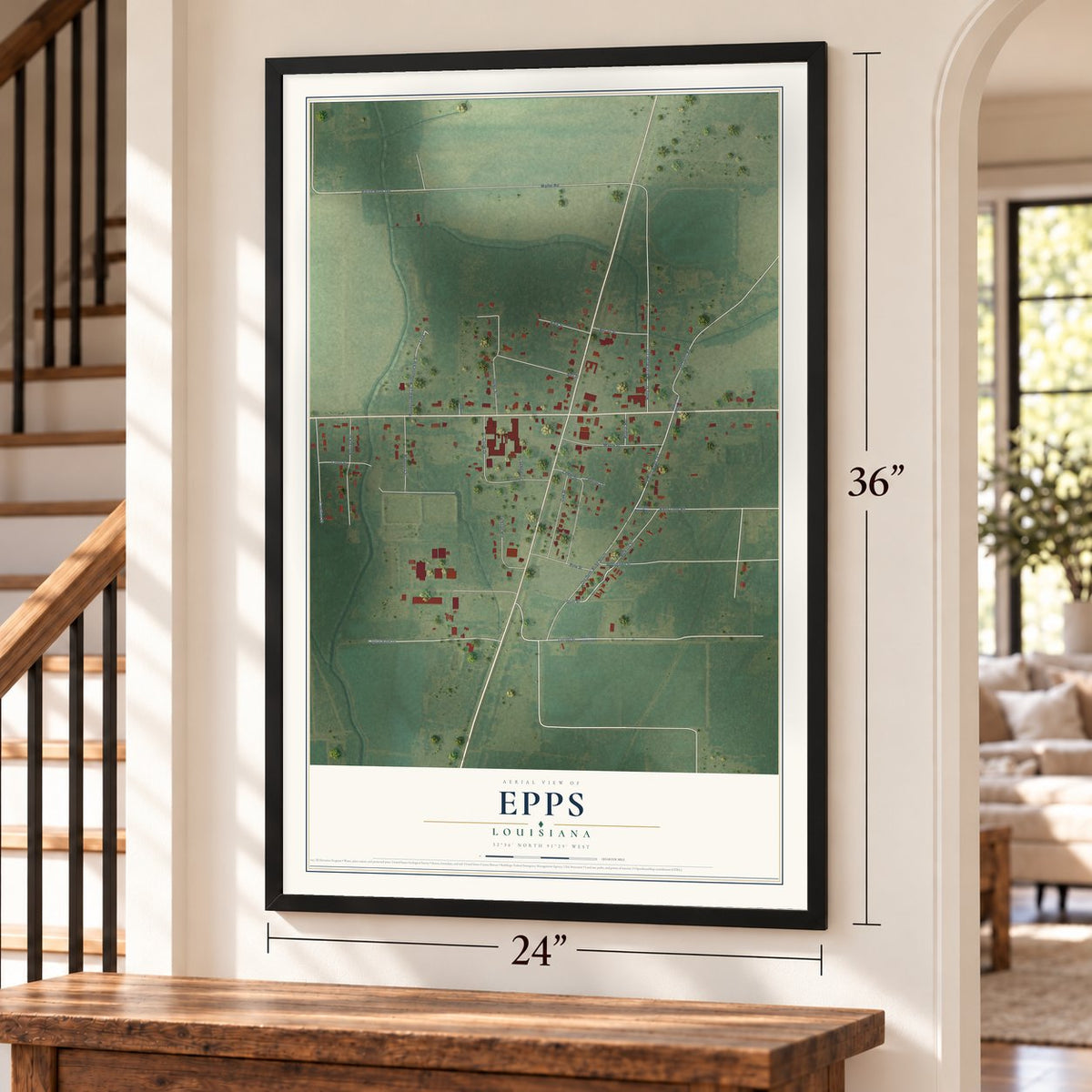Epps, Louisiana map, 24 x 36 inch print in a black frame by a staircase