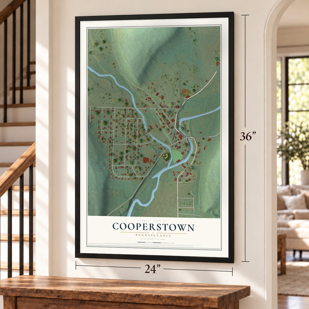 Cooperstown, Pennsylvania map, 24 x 36 inch print in a black frame by a staircase