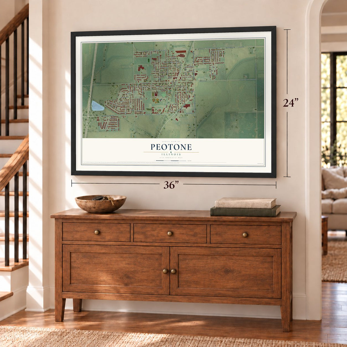 Peotone, Illinois map, 24 x 36 inch print in a black frame above a dresser by a staircase