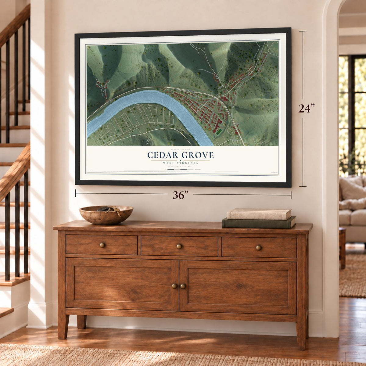 Cedar Grove, West Virginia map, 24 x 36 inch print in a black frame above a dresser by a staircase