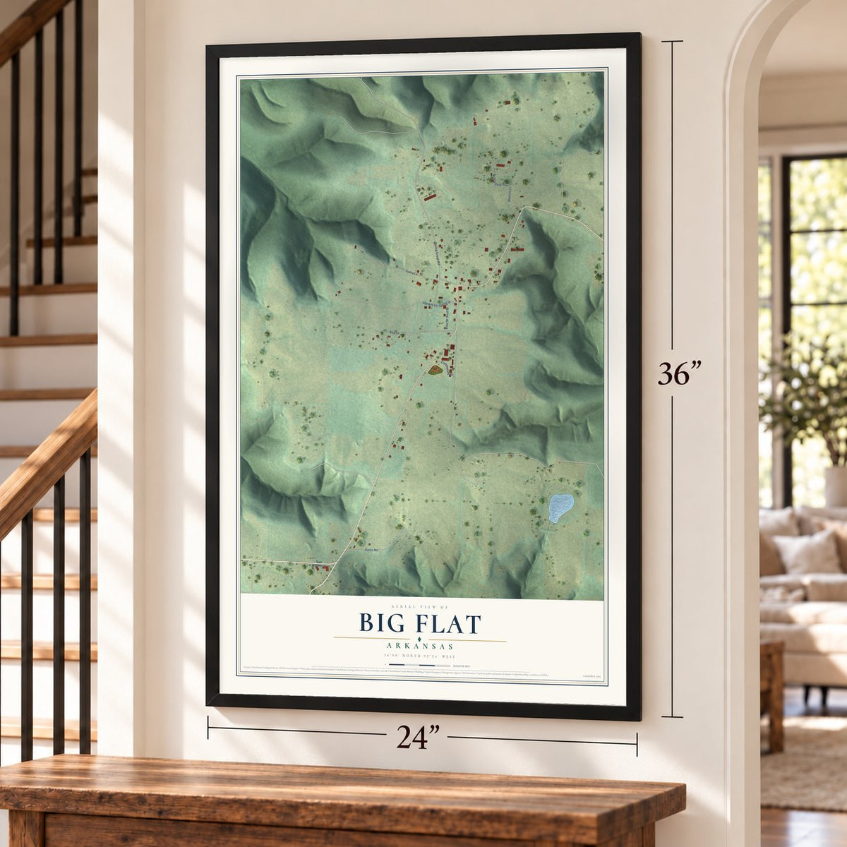 Big Flat, Arkansas map, 24 x 36 inch print in a black frame by a staircase