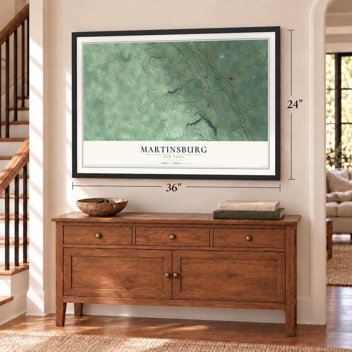 Martinsburg, New York map, 24 x 36 inch print in a black frame above a dresser by a staircase