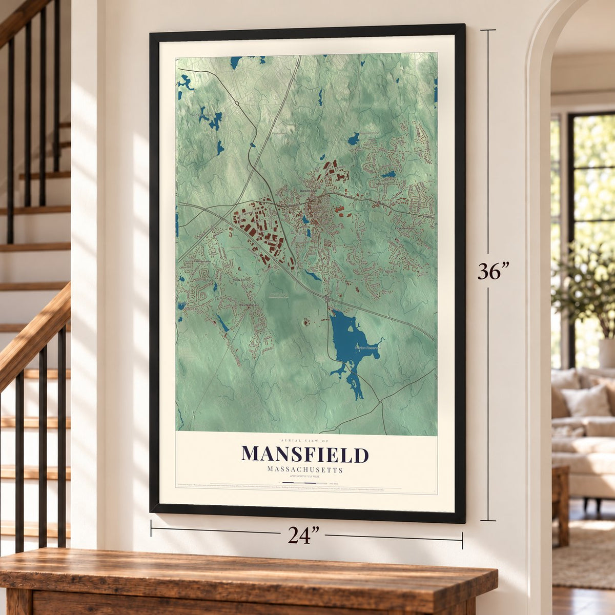 Mansfield, Massachusetts map, 24 x 36 inch print in a black frame by a staircase