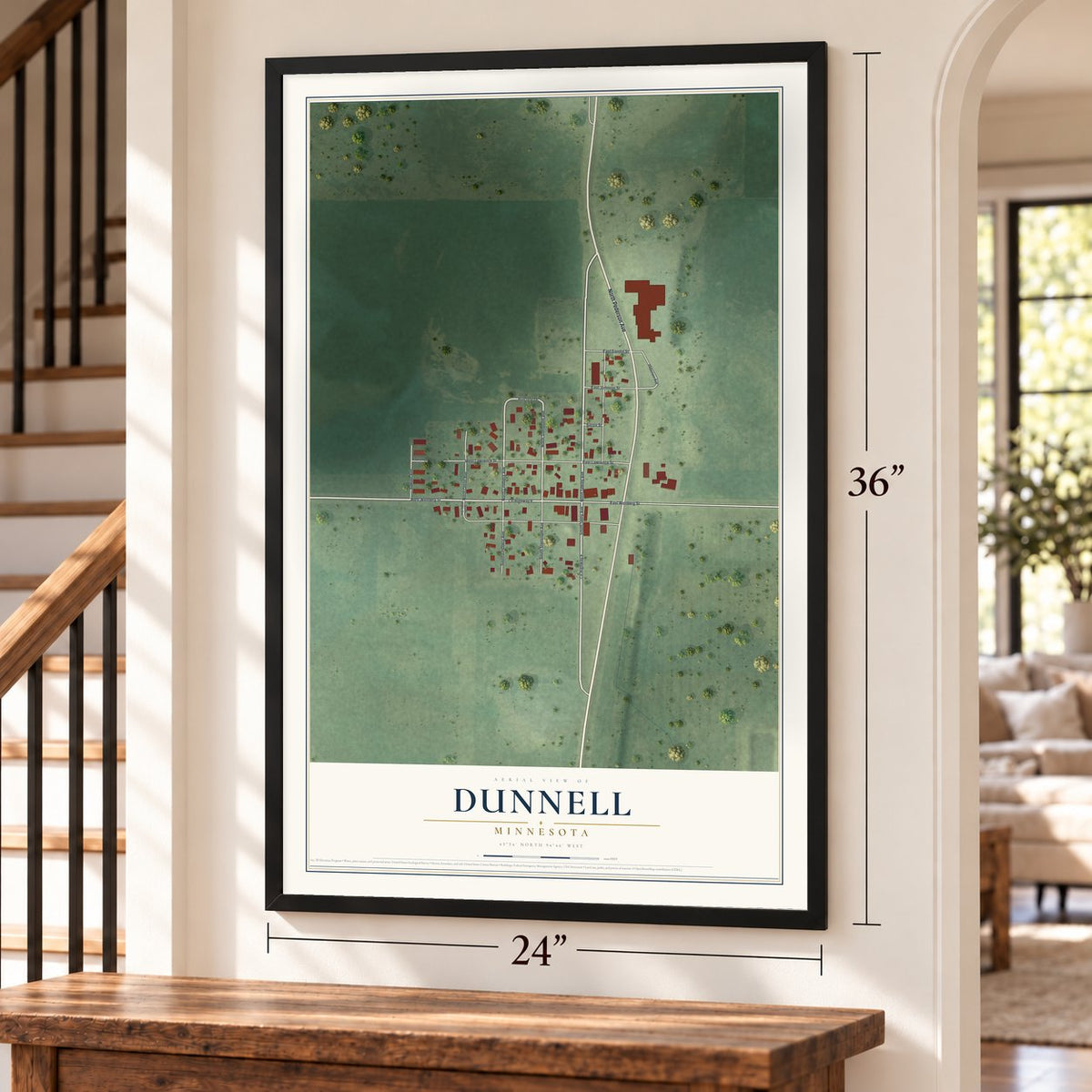 Dunnell, Minnesota map, 24 x 36 inch print in a black frame by a staircase