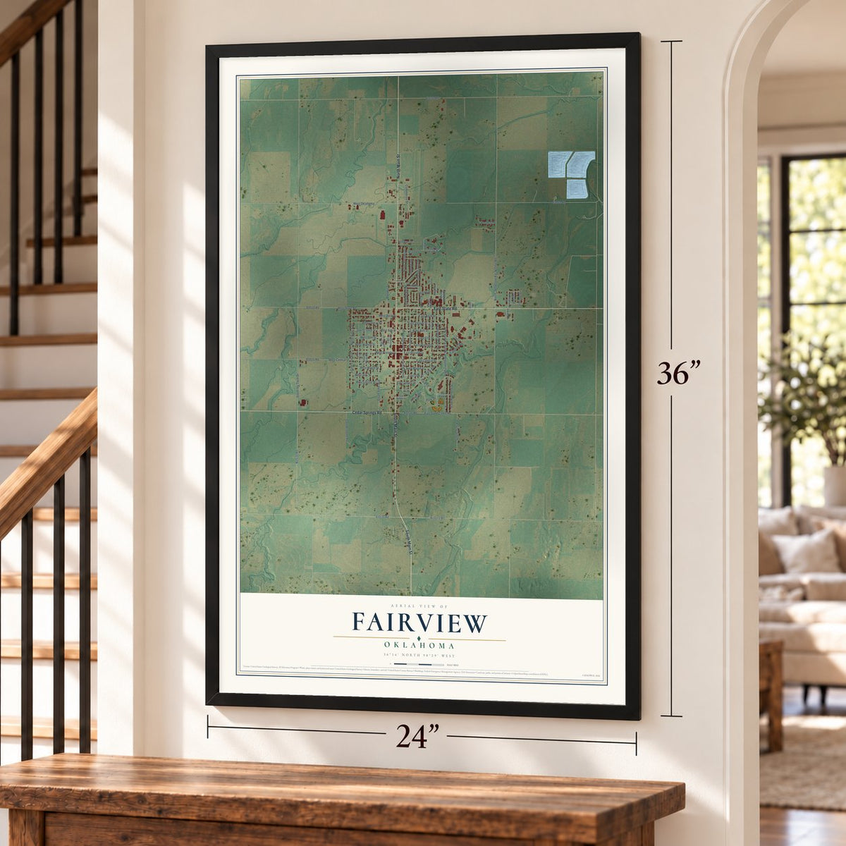 Fairview, Oklahoma map, 24 x 36 inch print in a black frame by a staircase