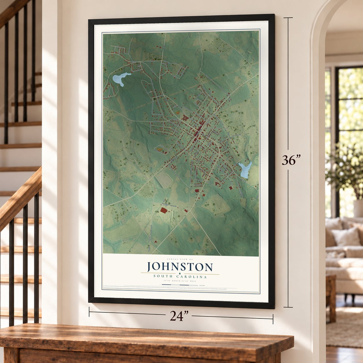 Johnston, South Carolina map, 24 x 36 inch print in a black frame by a staircase
