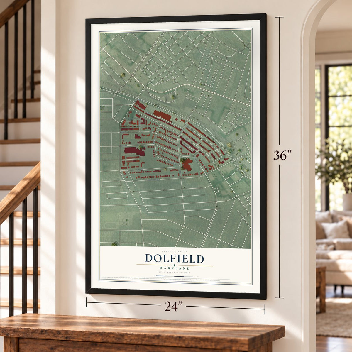 Dolfield, Maryland map, 24 x 36 inch print in a black frame by a staircase