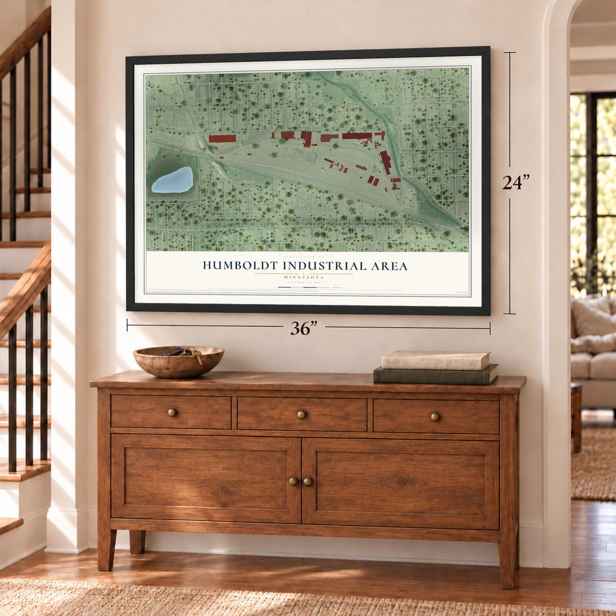 Humboldt Industrial Area, Minnesota map, 24 x 36 inch print in a black frame above a dresser by a staircase