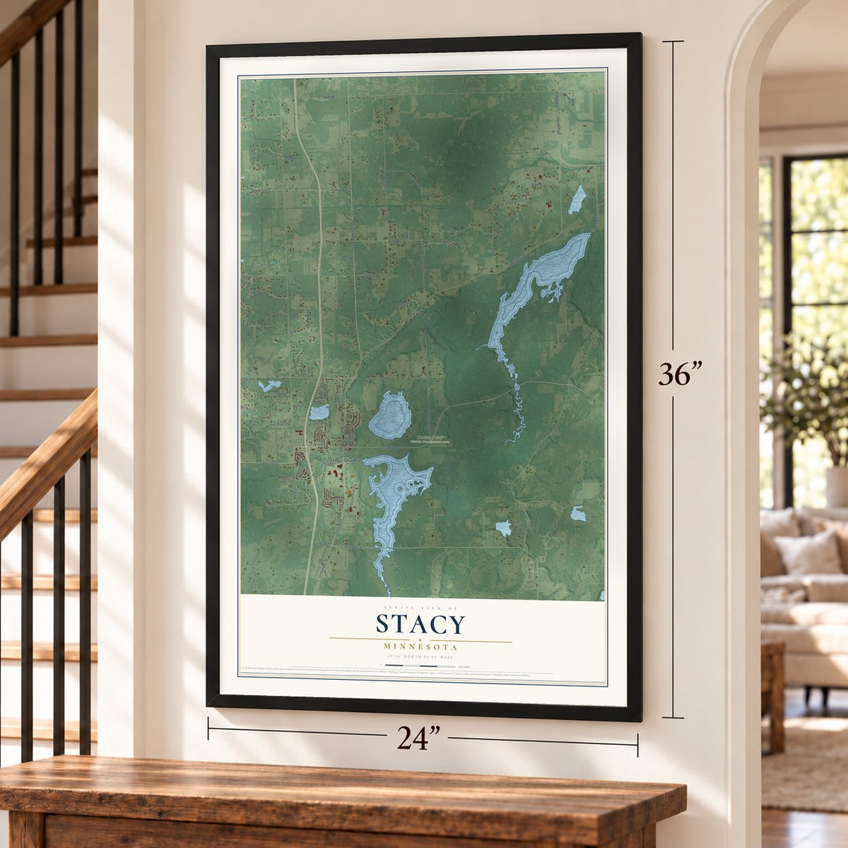 Stacy, Minnesota map, 24 x 36 inch print in a black frame by a staircase