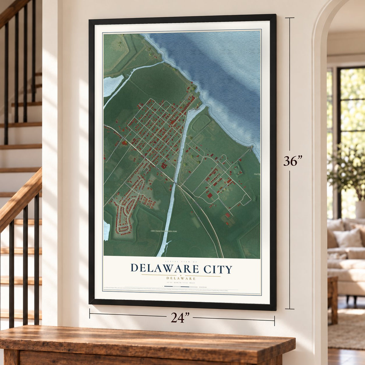 Delaware City, Delaware map, 24 x 36 inch print in a black frame by a staircase