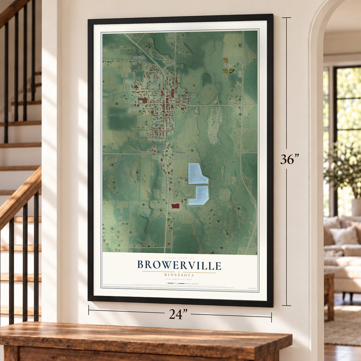 Browerville, Minnesota map, 24 x 36 inch print in a black frame by a staircase