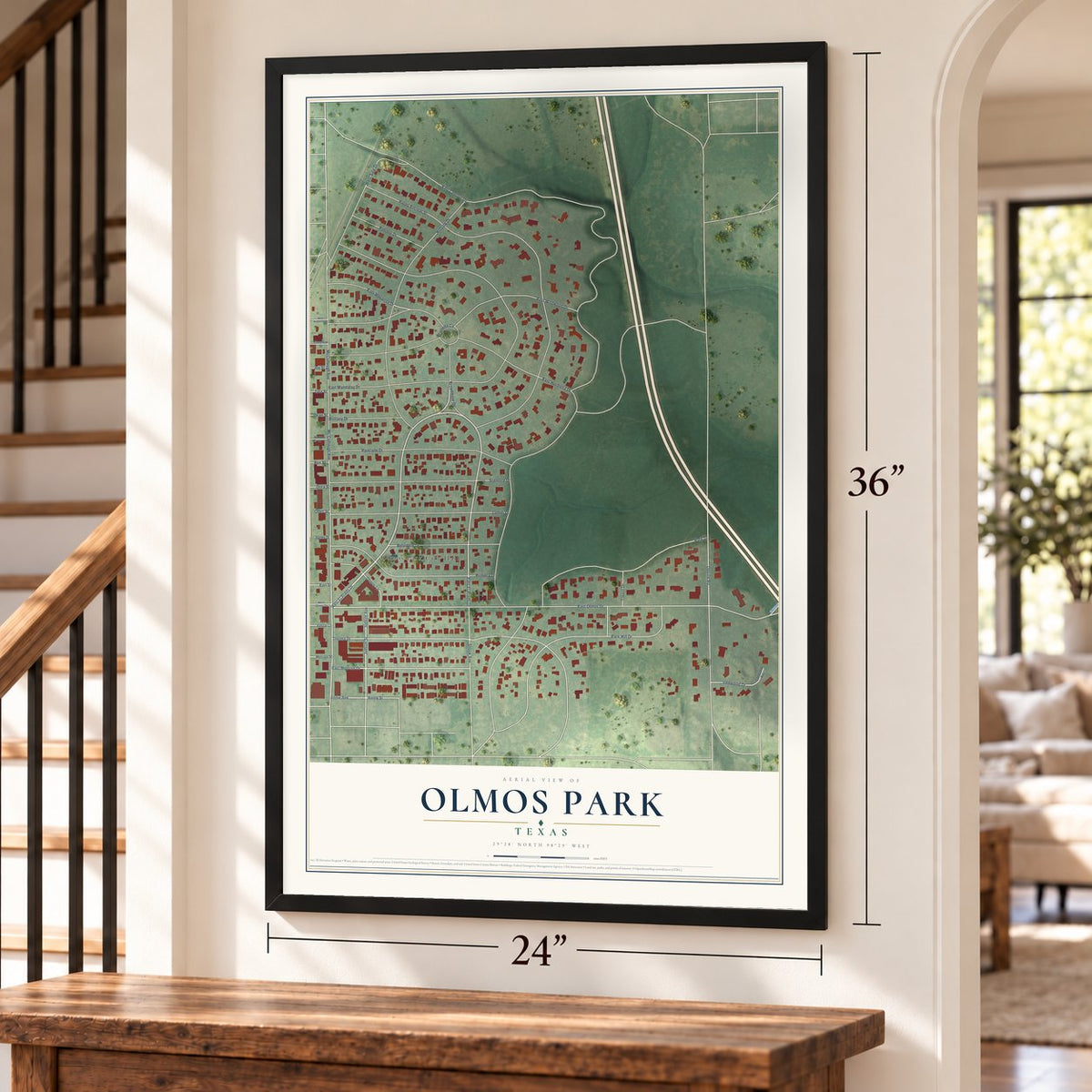 Olmos Park, Texas map, 24 x 36 inch print in a black frame by a staircase