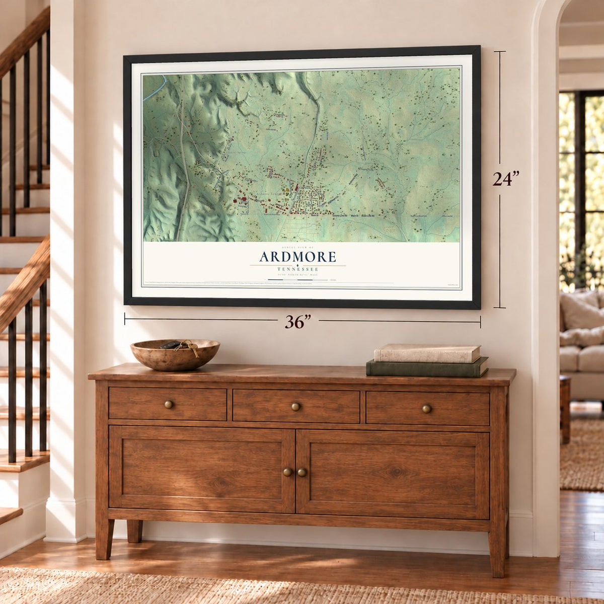 Ardmore, Tennessee map, 24 x 36 inch print in a black frame above a dresser by a staircase