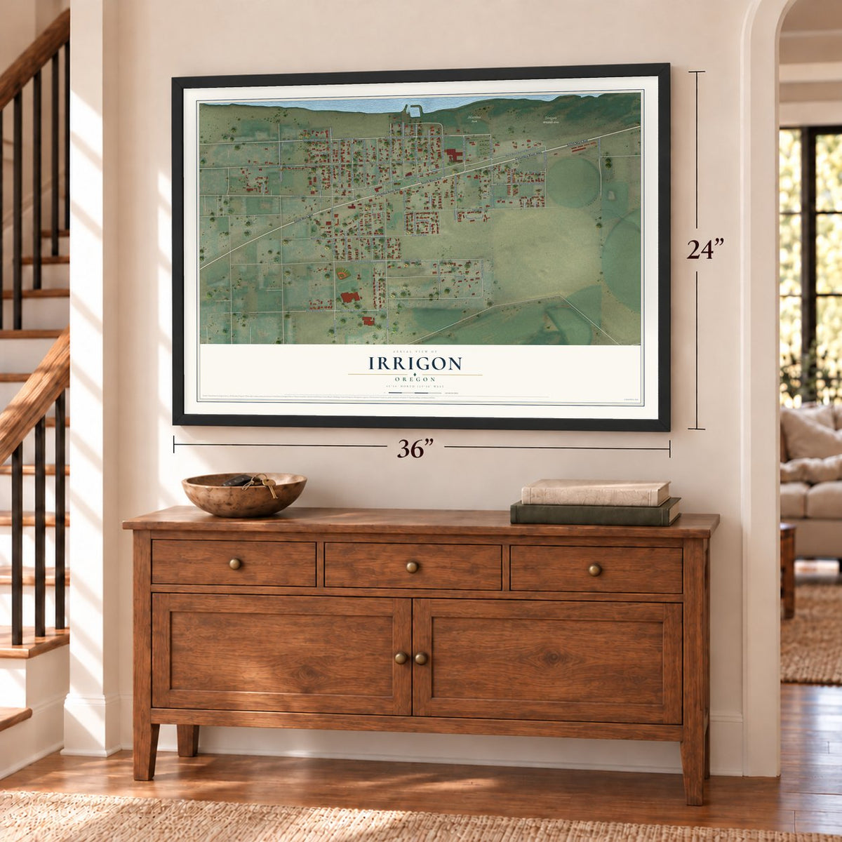 Irrigon, Oregon map, 24 x 36 inch print in a black frame above a dresser by a staircase
