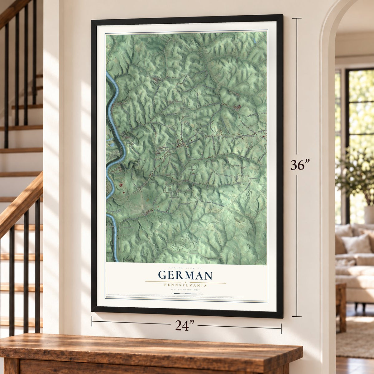 German, Pennsylvania map, 24 x 36 inch print in a black frame by a staircase